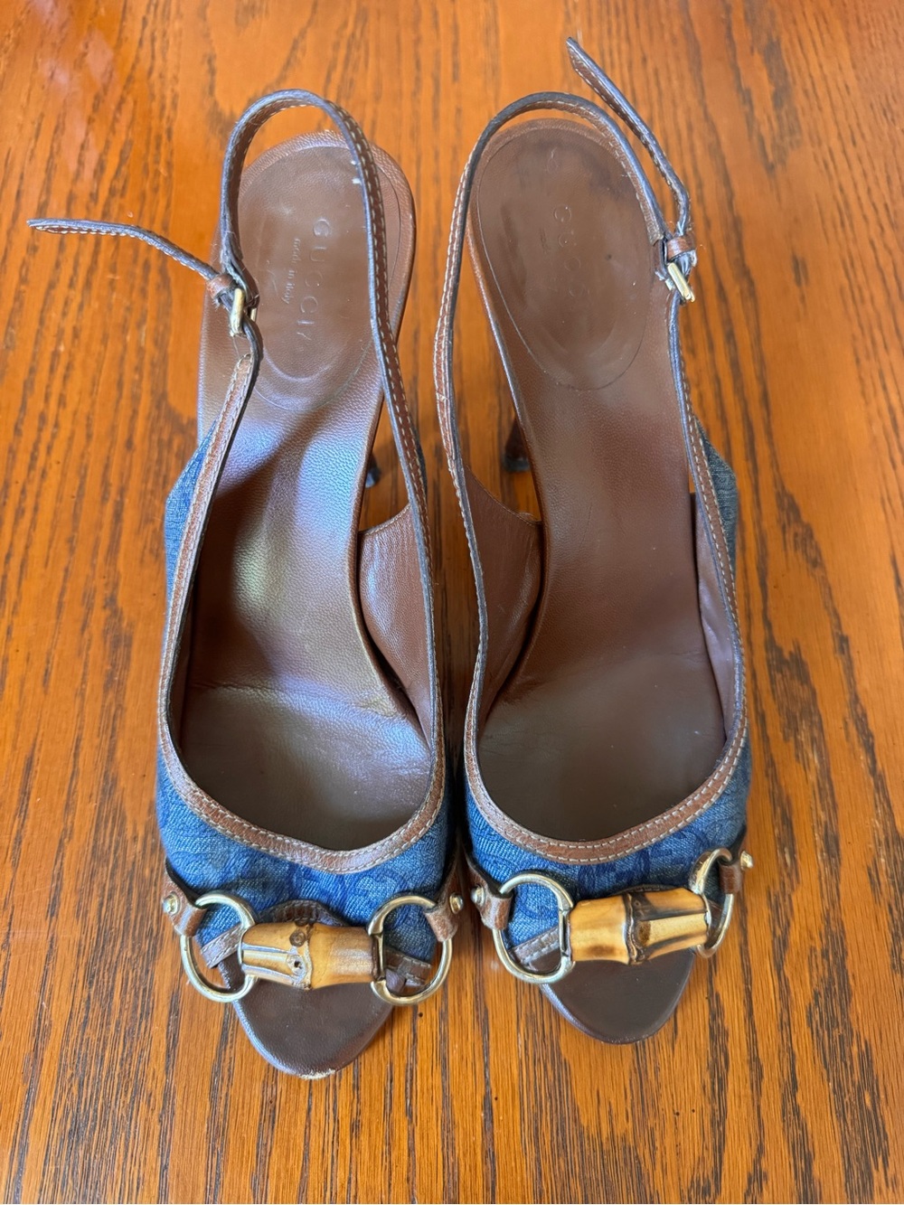 Gucci Blue Denim and Brown Leather Bamboo Bit Slingback Heels